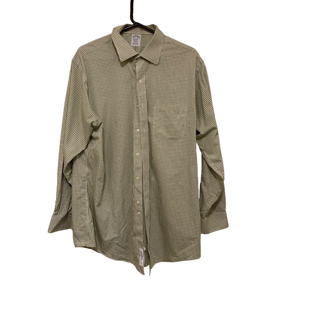 Brooks Brothers Mens Classic Fit Green & White Check Button-Down Shirt 17 1/2-34